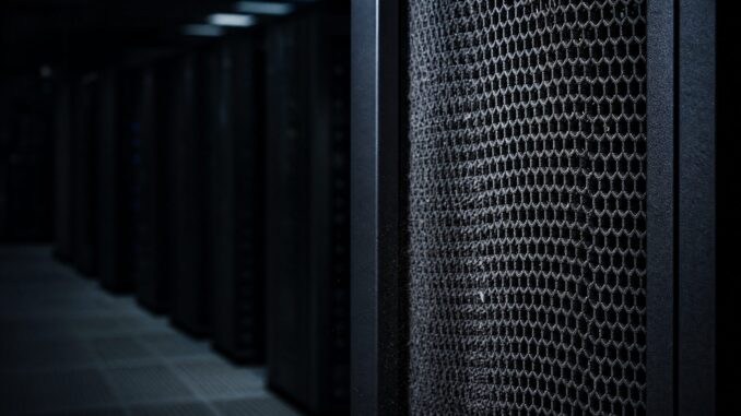 Griglia di aspirazione di un rack server illuminata a luce radente