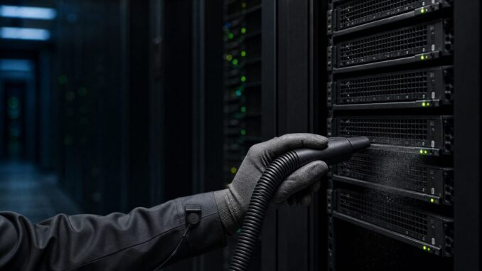 Tecnico con aspiratore ESD davanti alle griglie di un rack attivo