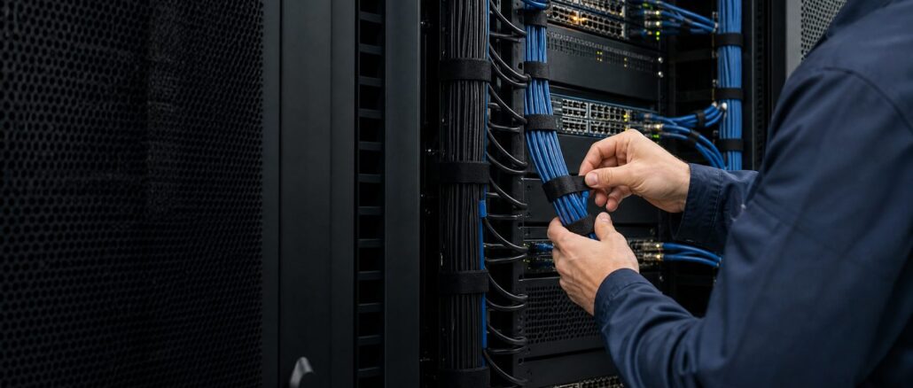 Tecnico che organizza bretelle di rete nel retro di un rack attivo usando fascette in velcro