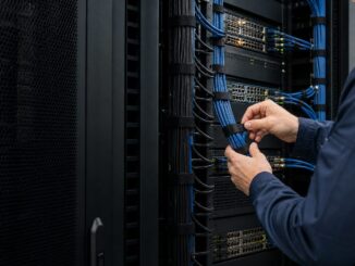 Tecnico che organizza bretelle di rete nel retro di un rack attivo usando fascette in velcro