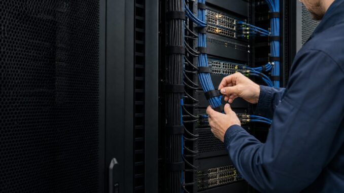 Tecnico che organizza bretelle di rete nel retro di un rack attivo usando fascette in velcro