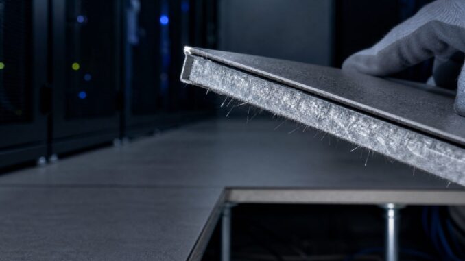 Filamenti metallici zinc whisker sul lato inferiore di una piastrella flottante